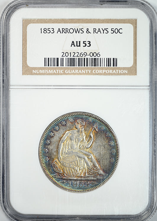 1853 Liberty Seated Half Dollar 50C NGC AU53 - Arrows &amp; Rays - TONED!