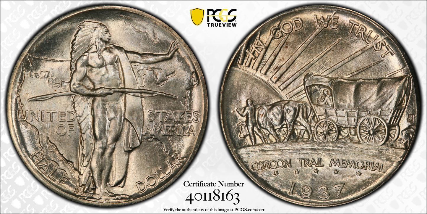 1937-D Oregon Trail Classic Commemorative Half Dollar 50C PCGS MS67 CAC Trueview