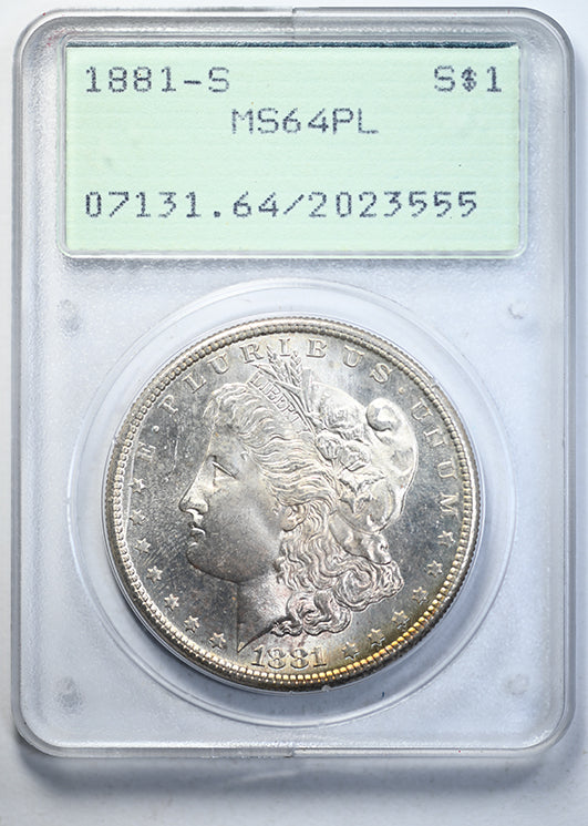 1881-S Morgan Dollar $1 PCGS Rattler MS64PL - Proof Like - REVERSE TONING! Obverse Slab
