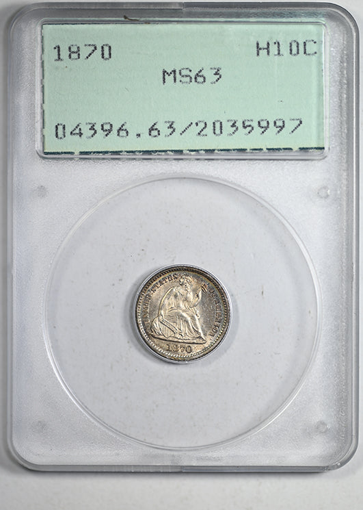 1870 Liberty Seated Half Dime H10C PCGS Rattler MS63 Obverse Slab