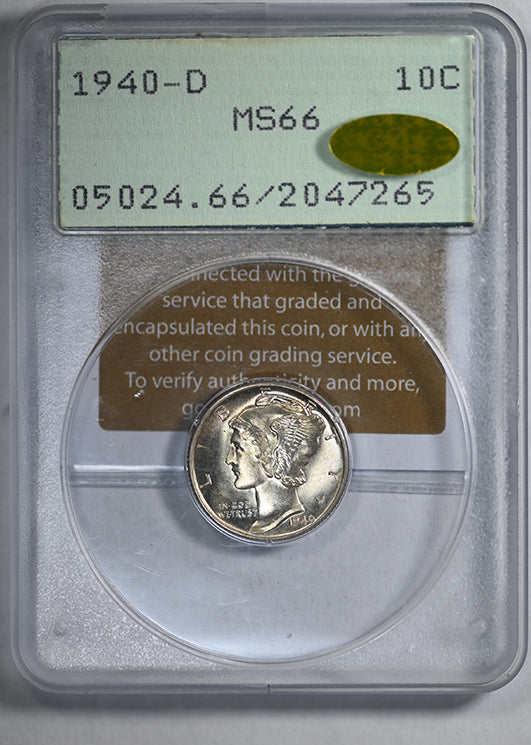 1940-D Mercury Dime 10C PCGS Rattler MS66 Gold CAC