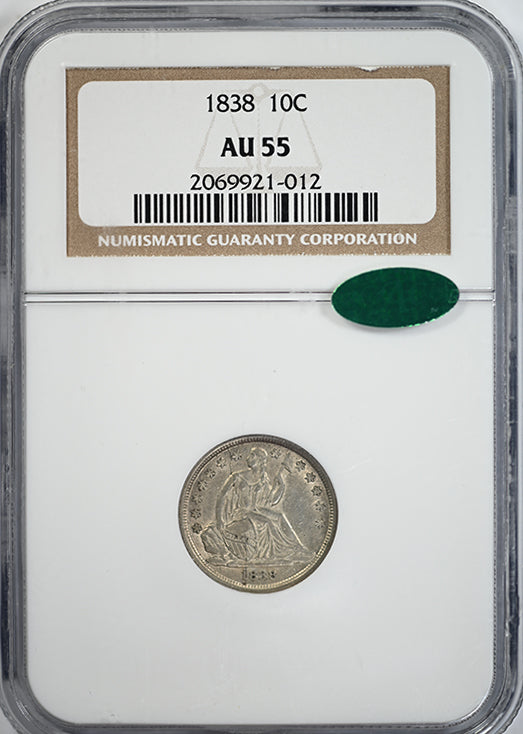 1838 Liberty Seated Dime 10C NGC AU55 CAC Obverse Slab