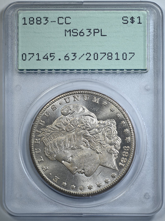1883-CC Morgan Dollar $1 PCGS Rattler MS63PL - Proof Like Obverse Slab