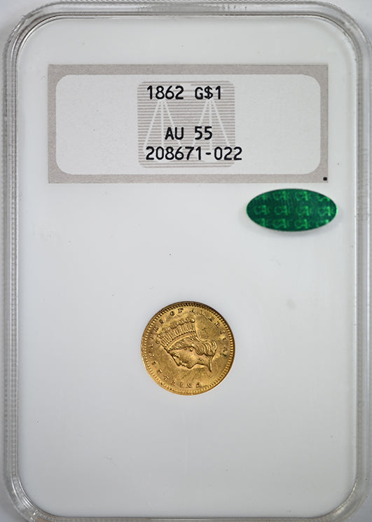 1862 Type 3 Indian Princess Head Gold Dollar G$1 NGC Fatty AU55 CAC Obverse Slab