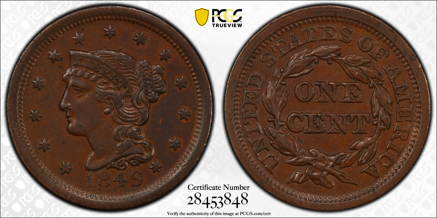 1849 Braided Hair Liberty Head Large Cent 1C PCGS XF45 CAC - Newcomb 24 Trueview