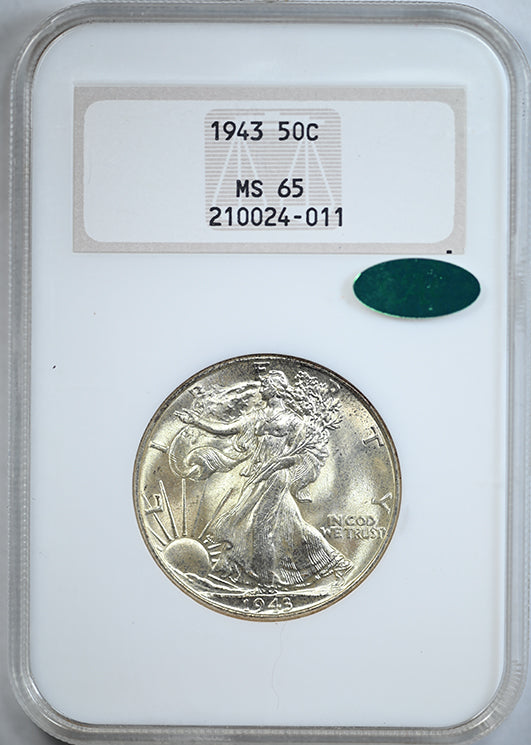 1943 Walking Liberty Half Dollar 50C NGC Fatty MS65 CAC