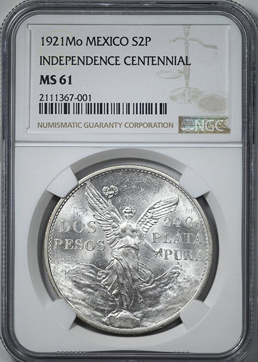 1921 Mo Mexico Silver 2 Pesos S2P NGC MS61 - Independence Centennial