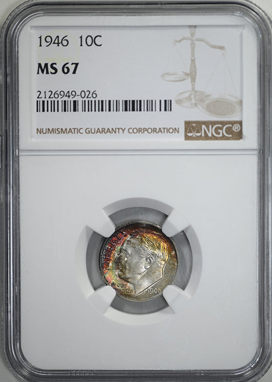 1946 Roosevelt Dime 10C NGC MS67 - TONED!