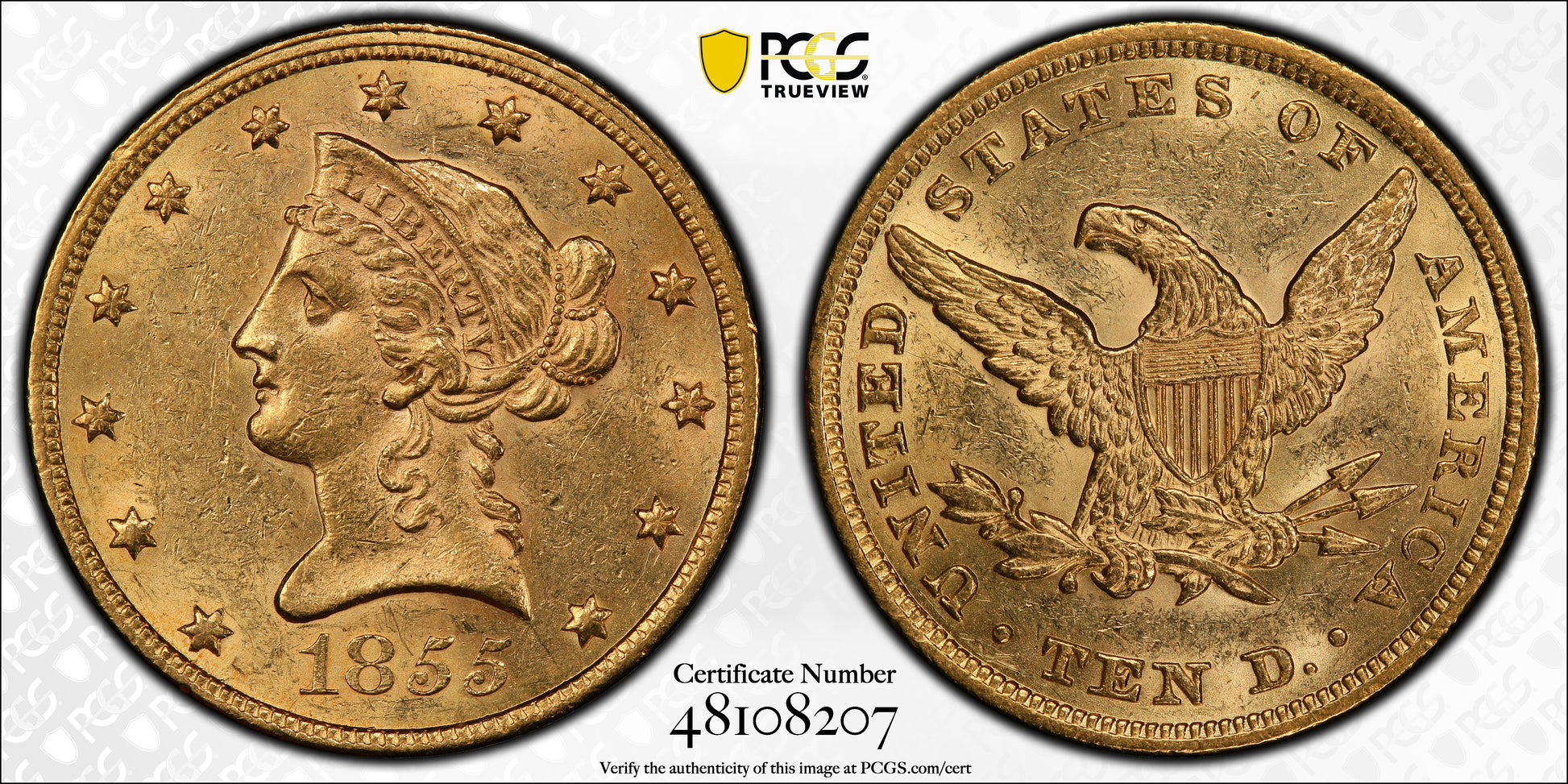 1855 Liberty Head Gold Eagle $10 PCGS MS61 Trueview