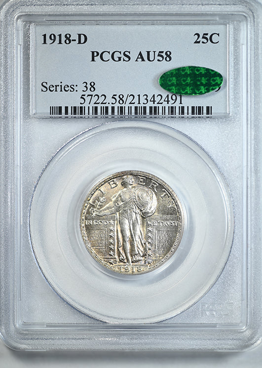 1918-D Standing Liberty Quarter 25C PCGS AU58 CAC