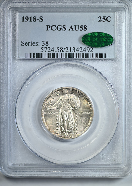 1918-S Standing Liberty Quarter 25C PCGS AU58 CAC