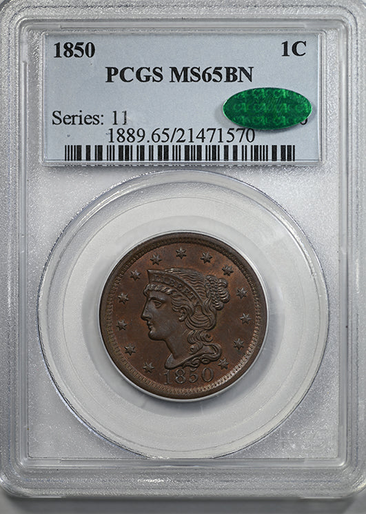 1850 Braided Hair Liberty Head Large Cent 1C PCGS MS65BN CAC