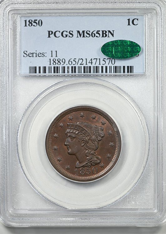 1850 Braided Hair Liberty Head Large Cent 1C PCGS MS65BN CAC