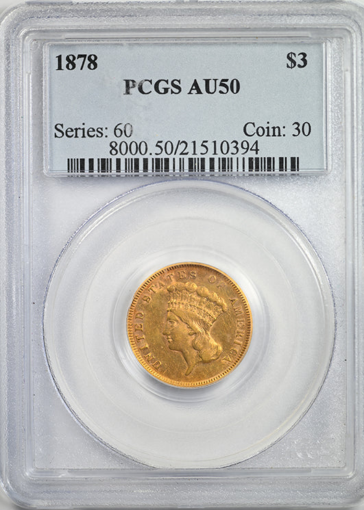 1878 Indian Princess Gold Three Dollar $3 PCGS AU50 Obverse Slab