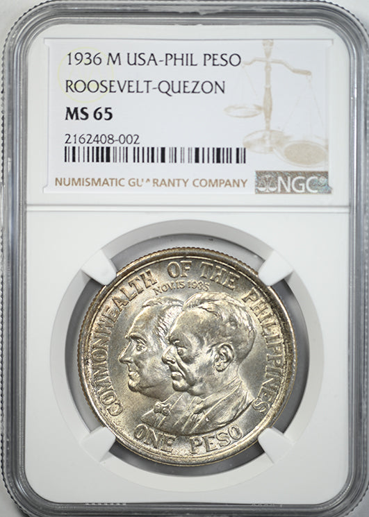 1936 M USA Philippines Peso NGC MS65 Roosevelt-Quezon Obverse Slab