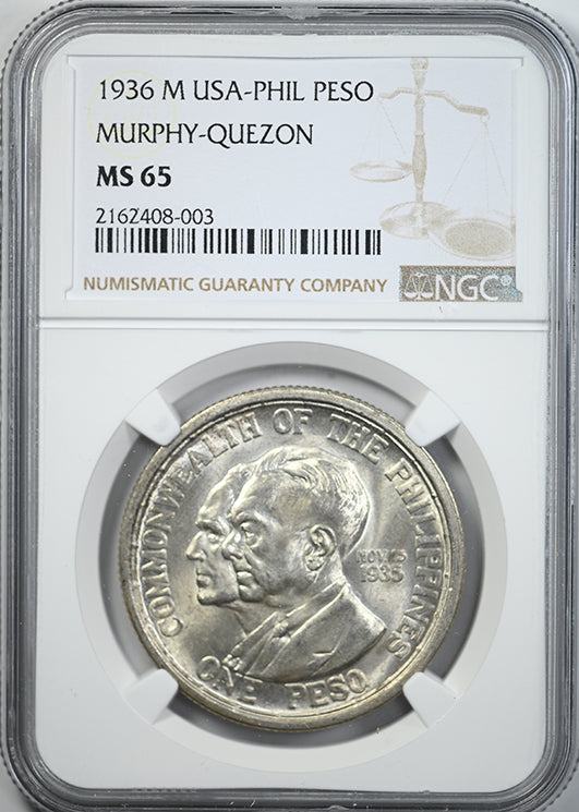 1936 M USA Philippines Peso NGC MS65 Murphy-Quezon Obverse Slab