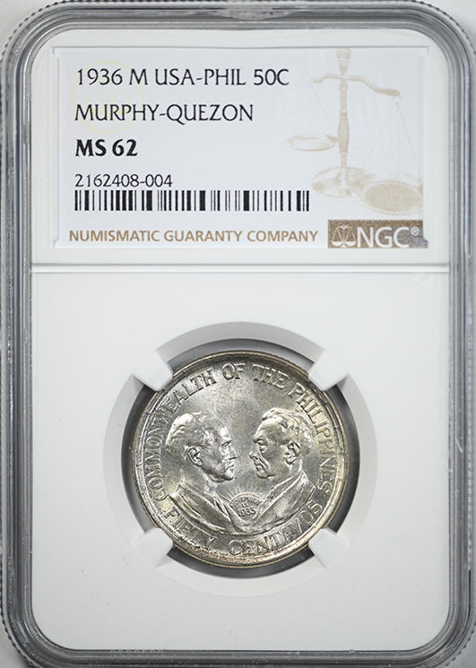 1936 M USA Philippines 50C Centavos NGC MS62 Murphy-Quezon Obverse Slab