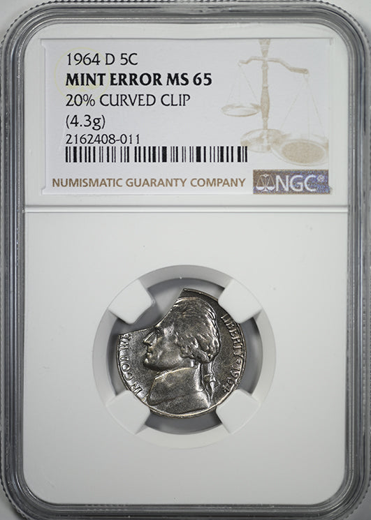 1964-D Jefferson Nickel 5C NGC Mint Error MS65 - 20% Curved Clip