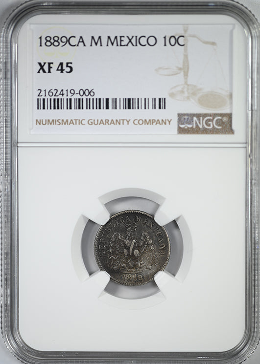 1889 CA M Mexico 10C Centavos NGC XF45