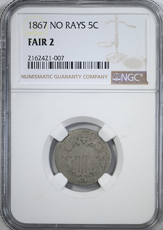 1867 Lowball Shield Nickel 5C NGC FR2 - No Rays