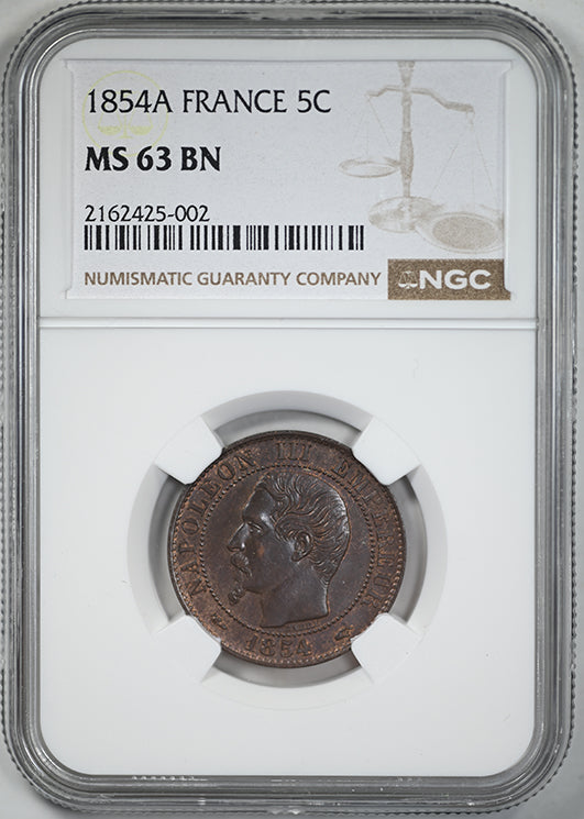 1854-A France 5C Centimes NGC MS63BN