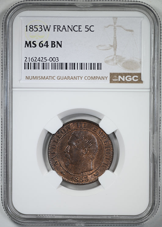 1853-W France 5C Centimes NGC MS64BN
