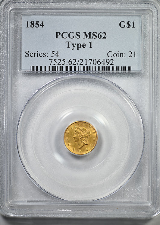 1854 Type 1 Liberty Head Gold Dollar G$1 PCGS MS62