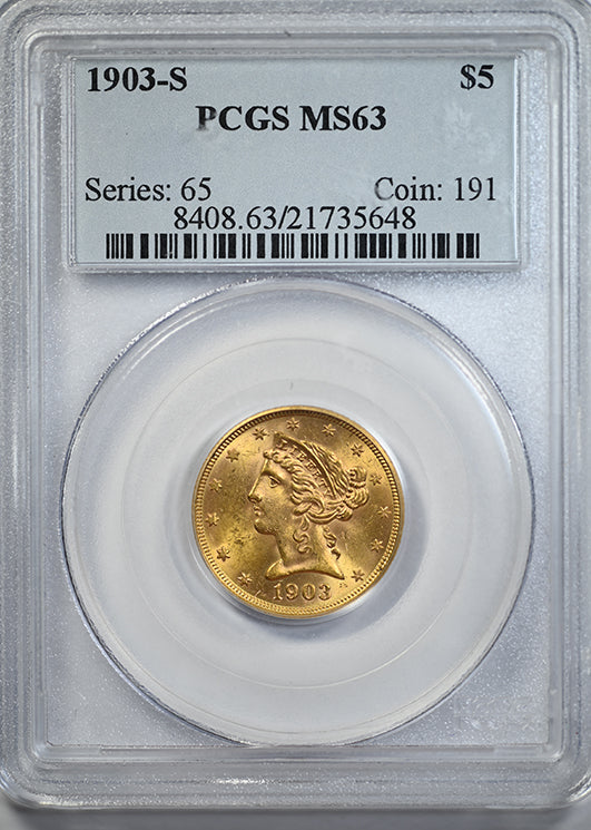 1903-S Liberty Head Gold Half Eagle $5 PCGS MS63 Obverse Slab