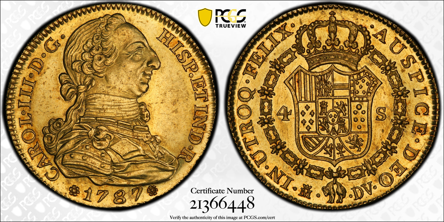 1787/6-M DV Spain Gold 4 Escudos PCGS MS63