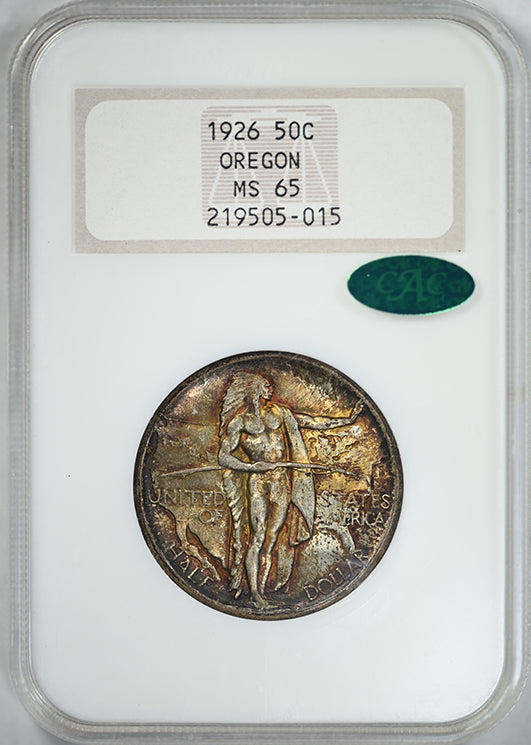 1926 Oregon Trail Classic Commemorative Half Dollar 50C NGC Fatty MS65 CAC - TONED!