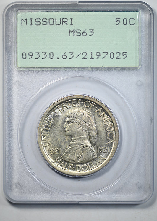 1921 Missouri Classic Commemorative Half Dollar 50C PCGS Rattler MS63 Obverse Slab