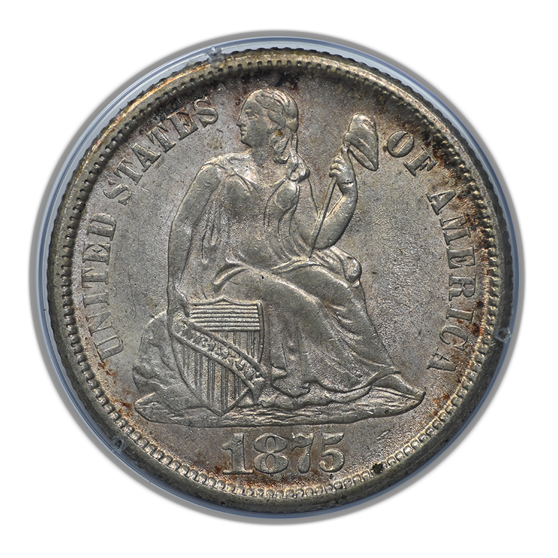 1875-CC Liberty Seated Dime 10C PCGS Rattler MS63 Obverse
