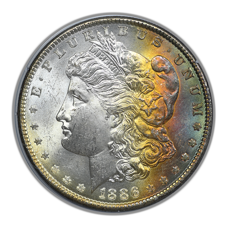 1886 Morgan Dollar $1 PCGS Rattler MS63 CAC - RAINBOW TONED!