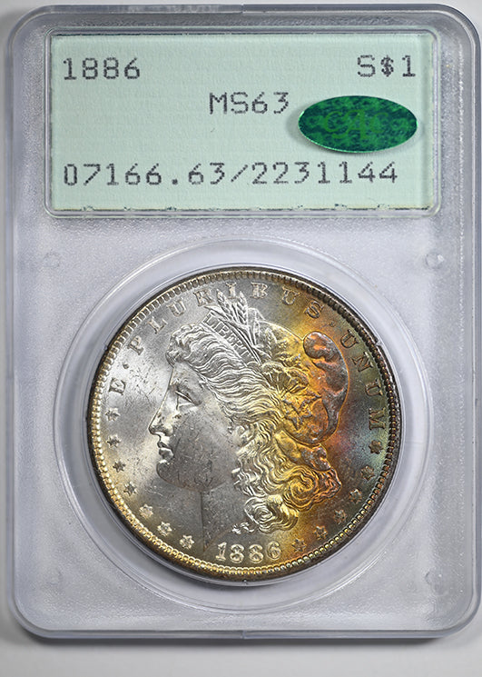 1886 Morgan Dollar $1 PCGS Rattler MS63 CAC - RAINBOW TONED!