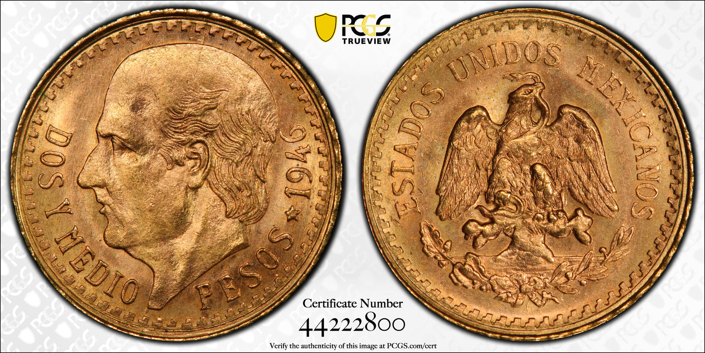 1946-Mo Mexico Gold Dos y Medio Pesos 2 1/2P PCGS MS67 Trueview