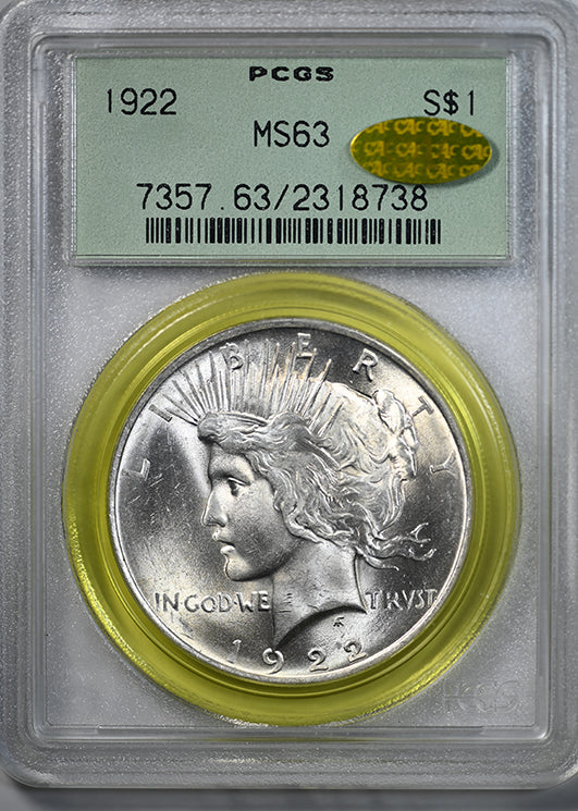 1922 Peace Dollar $1 PCGS MS63 Gold CAC OGH