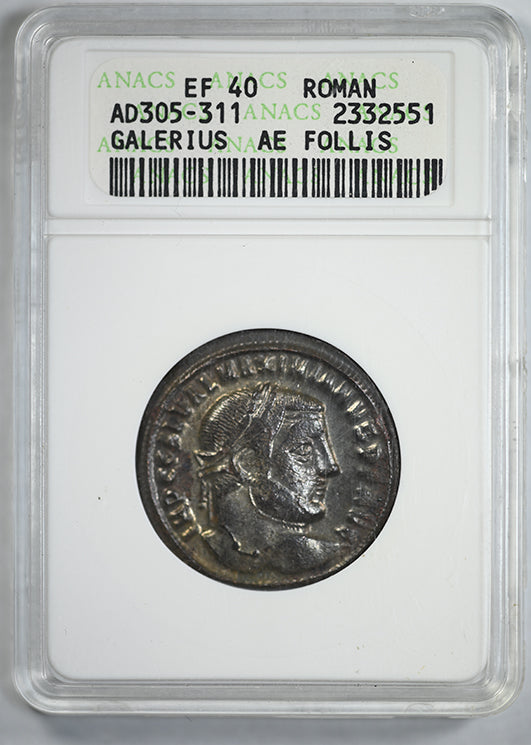 AD 305-311 Roman Galerius AE Follis ANACS Soapbox XF40