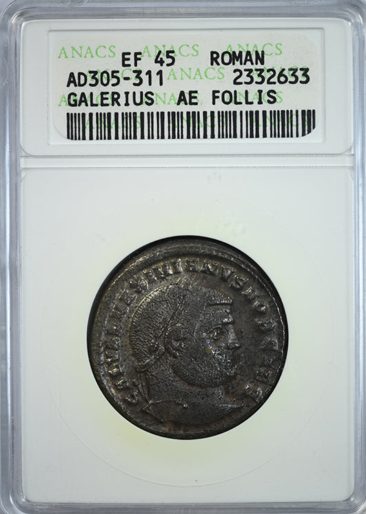 AD 305-311 Roman Galerius AE Follis ANACS Soapbox XF45 Obverse Slab