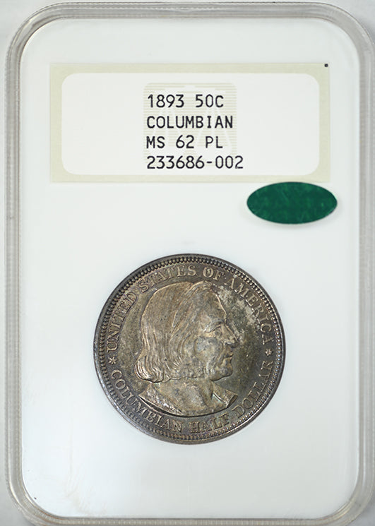 1893 Columbian Exposition Classic Commemorative Half Dollar 50C NGC Fatty MS62PL CAC - Prooflike - TONED!