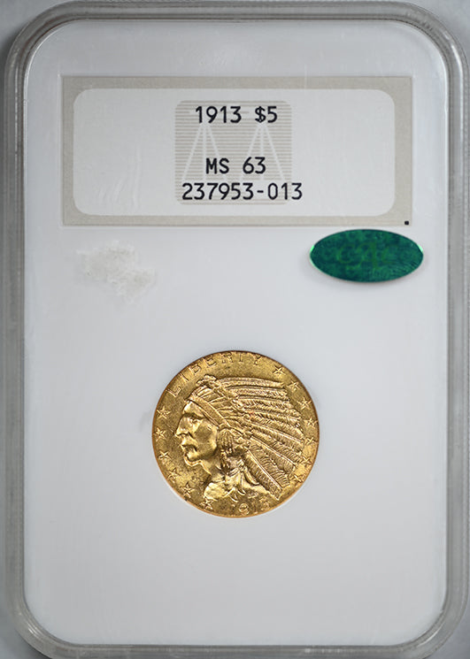 1913 Indian Head Gold Half Eagle $5 NGC Fatty MS63 CAC