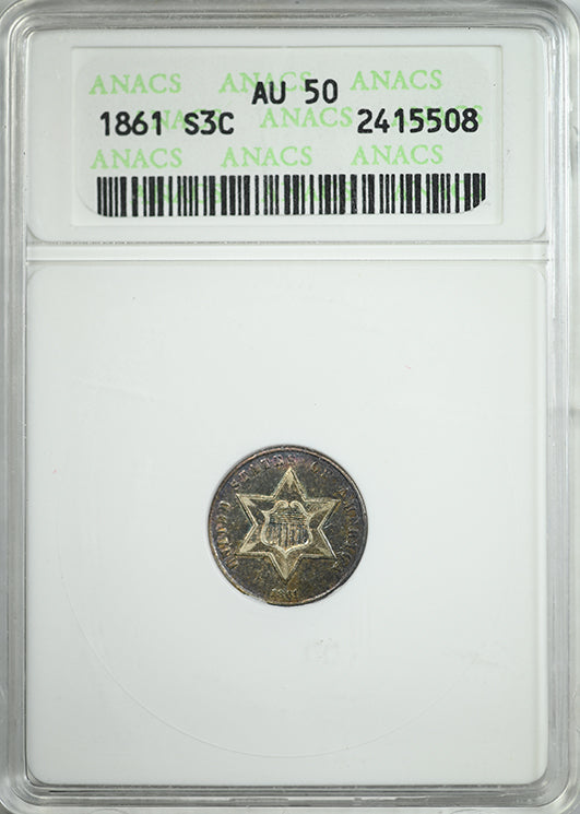 1861 Three Cent Silver Piece 3CS ANACS Soapbox AU50 - TONED! Obverse Slab