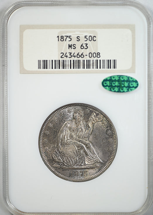 1875-S Liberty Seated Half Dollar 50C NGC Fatty MS63 CAC