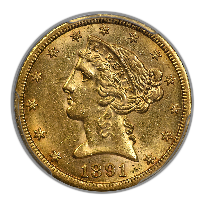 1891-CC Liberty Head Gold Half Eagle $5 PCGS AU58 Obverse
