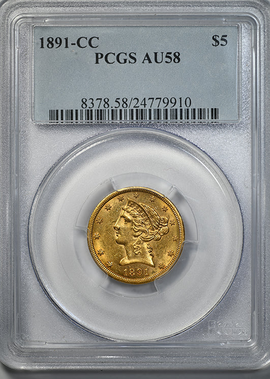 1891-CC Liberty Head Gold Half Eagle $5 PCGS AU58 Obverse Slab