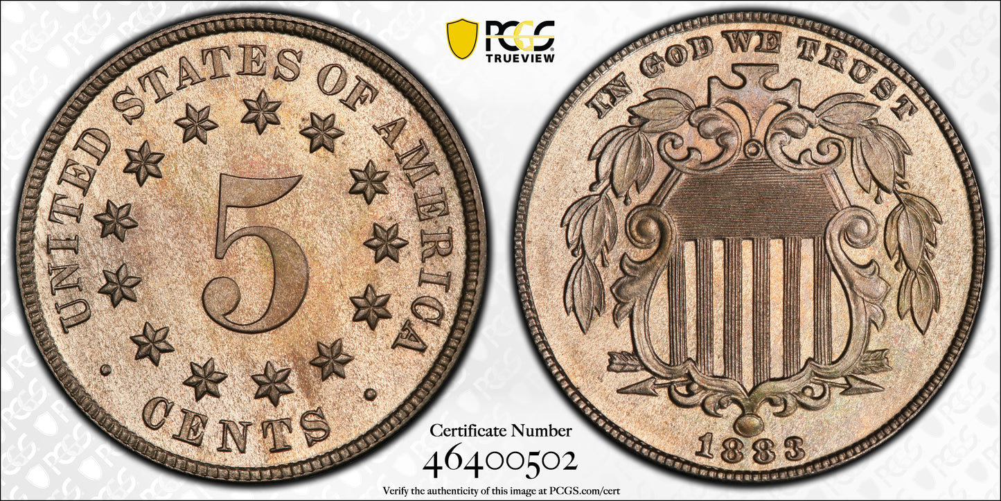 1883 Proof Shield Nickel 5C PCGS PR66+ CAC Truview