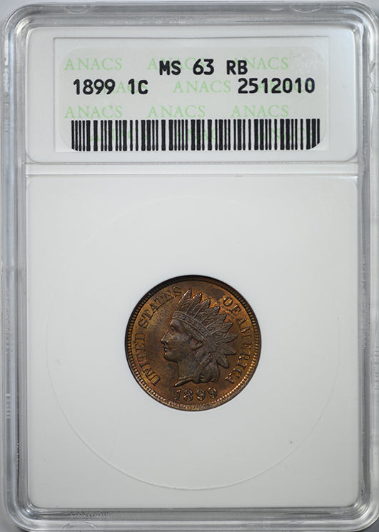 1899 Indian Head Cent 1C ANACS Soapbox MS63RB - REVERSE TONED! Obverse Slab