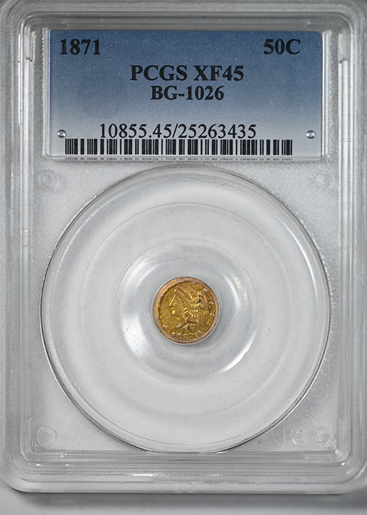 1871 Round California Fractional Gold Liberty Head 1/2 Dollar G50C PCGS XF45 BG-1026