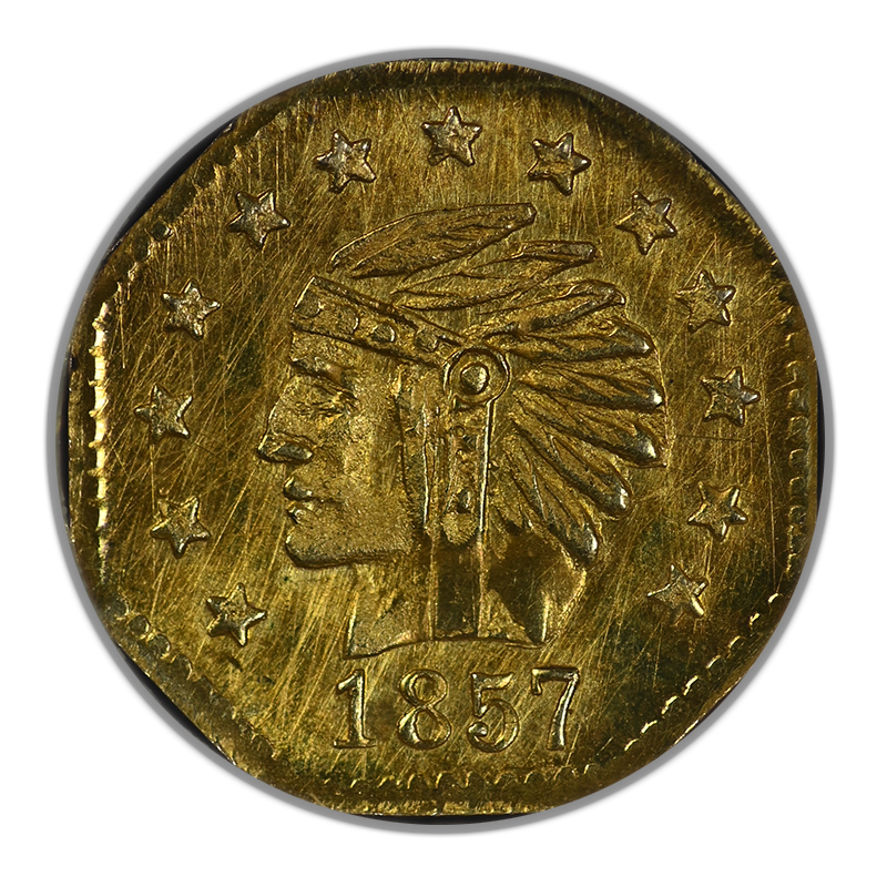 1857 Octagonal California Fractional Gold Indian Head 1/2 Dollar 50C NGC Token MS66 Obverse