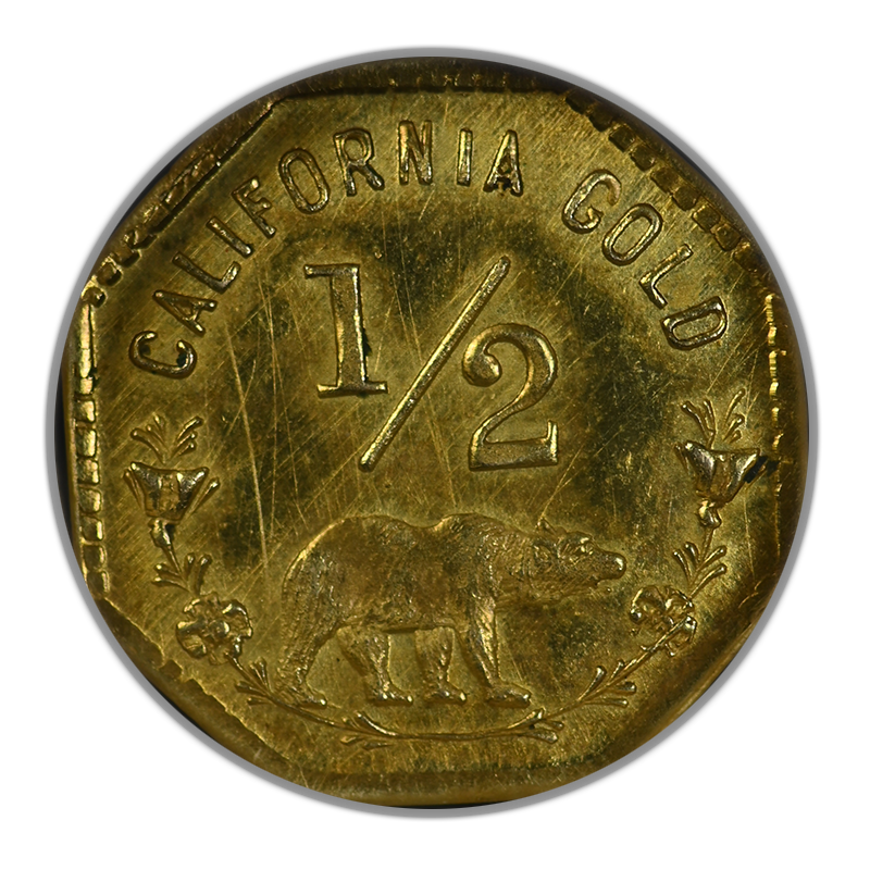 1857 Octagonal California Fractional Gold Indian Head 1/2 Dollar 50C NGC Token MS66 Reverse