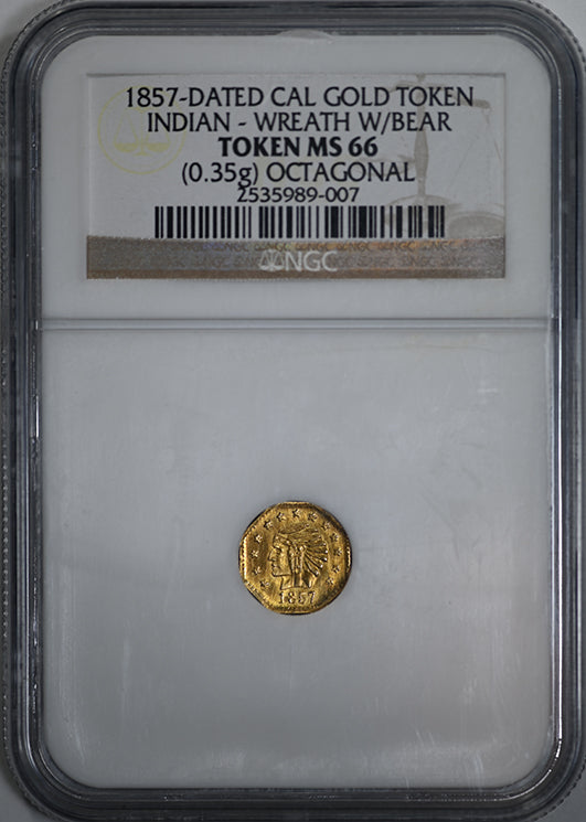 1857 Octagonal California Fractional Gold Indian Head 1/2 Dollar 50C NGC Token MS66 Obverse Slab